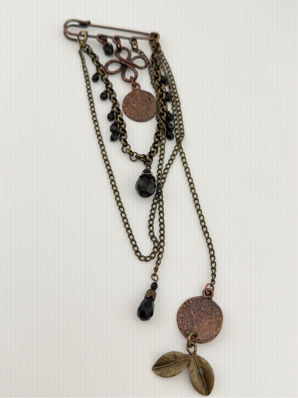 Unique Antique Bronze Multi-Chain Leaf & Coin safety pin Brooch